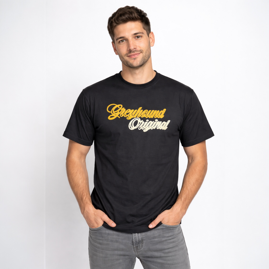Casual men’s black streetwear t-shirt with Greyhound Original print front view