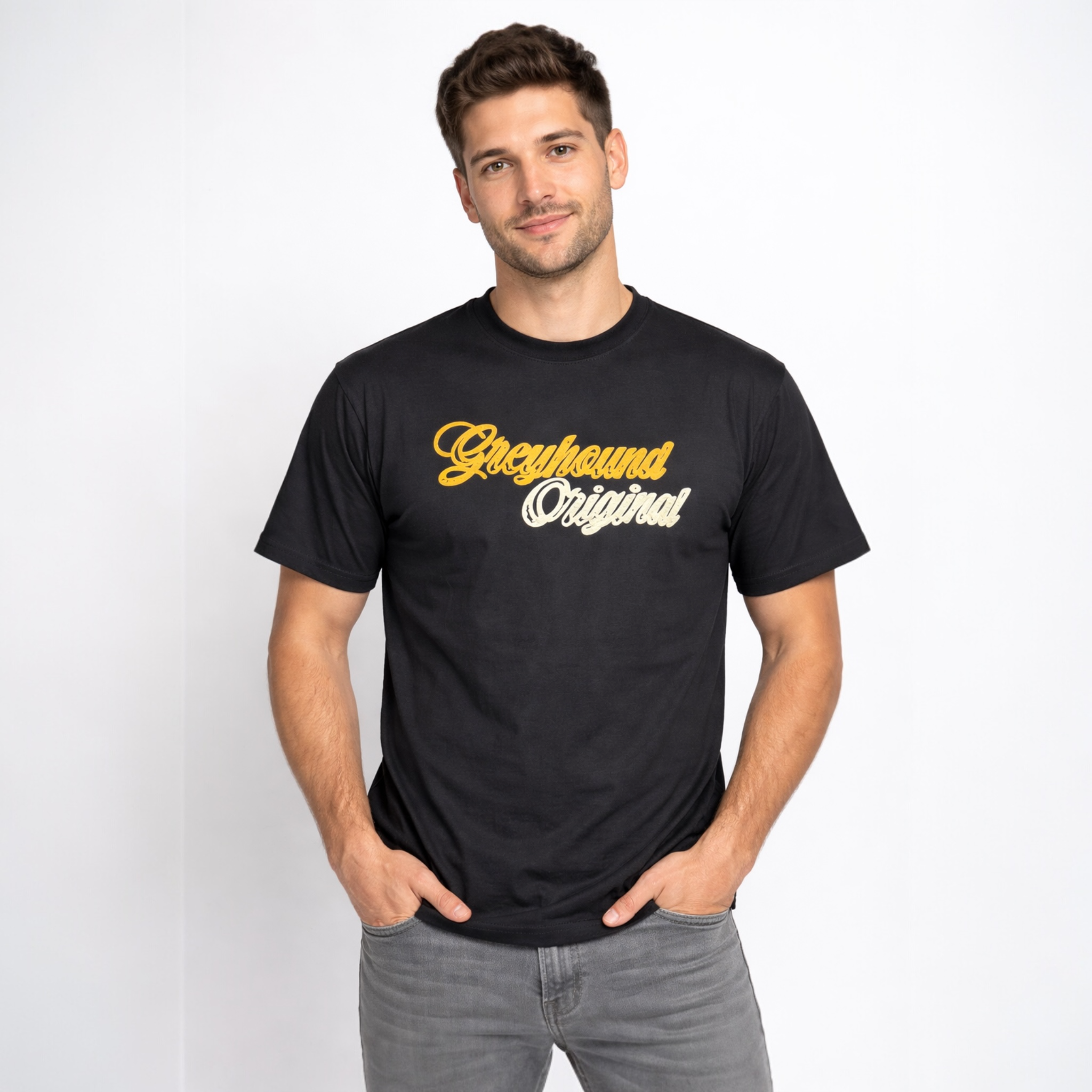 Casual men’s black streetwear t-shirt with Greyhound Original print front view