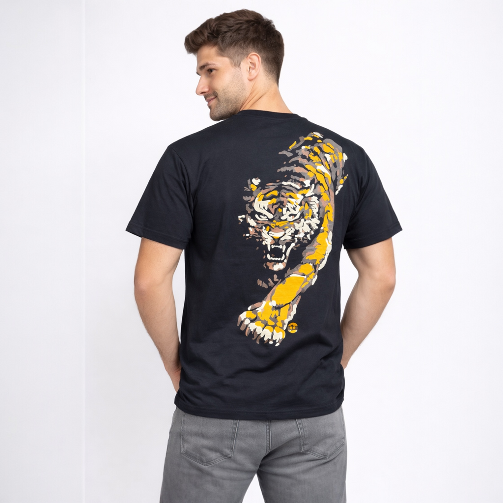 Men’s black tiger graphic t-shirt with large roaring tiger back print worn by model