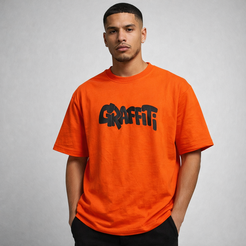Orange graffiti graphic unisex T-shirt front view with black graffiti logo streetwear design by Junkey Soul Store