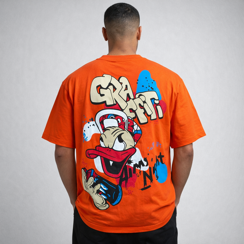 Orange graffiti graphic unisex T-shirt back view with colourful cartoon graffiti artwork streetwear design