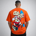 Orange graffiti graphic unisex T-shirt back view with colourful cartoon graffiti artwork streetwear design