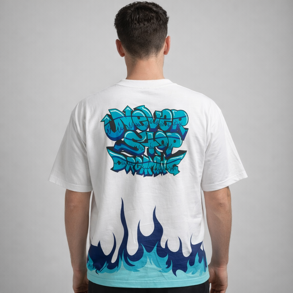 Graphic streetwear tee back view never stop dreaming design