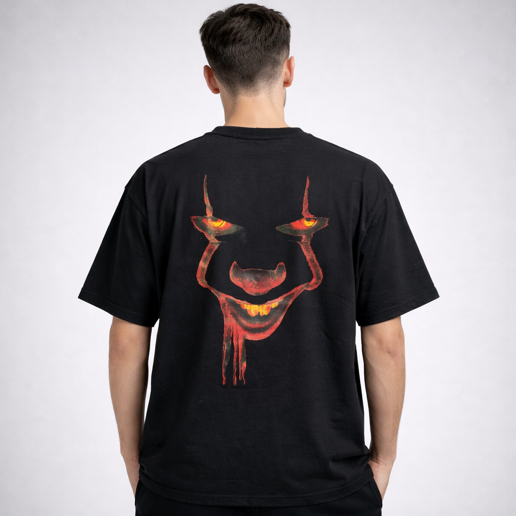 Black streetwear t-shirt with horror face graphic back view worn by male model