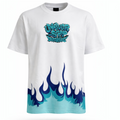 Never Stop Dreaming white graphic t-shirt with blue flame streetwear design front view