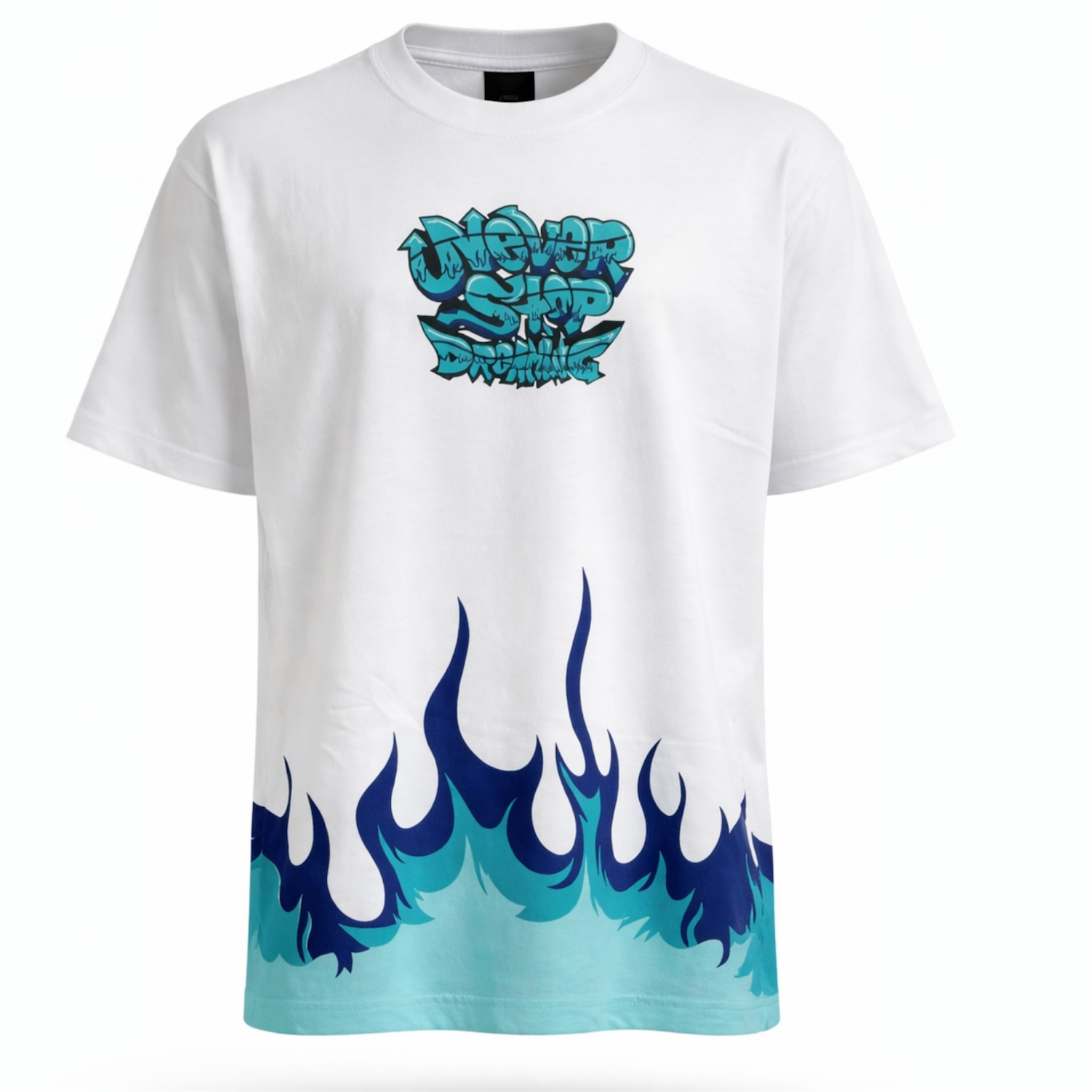 Never Stop Dreaming white graphic t-shirt with blue flame streetwear design front view
