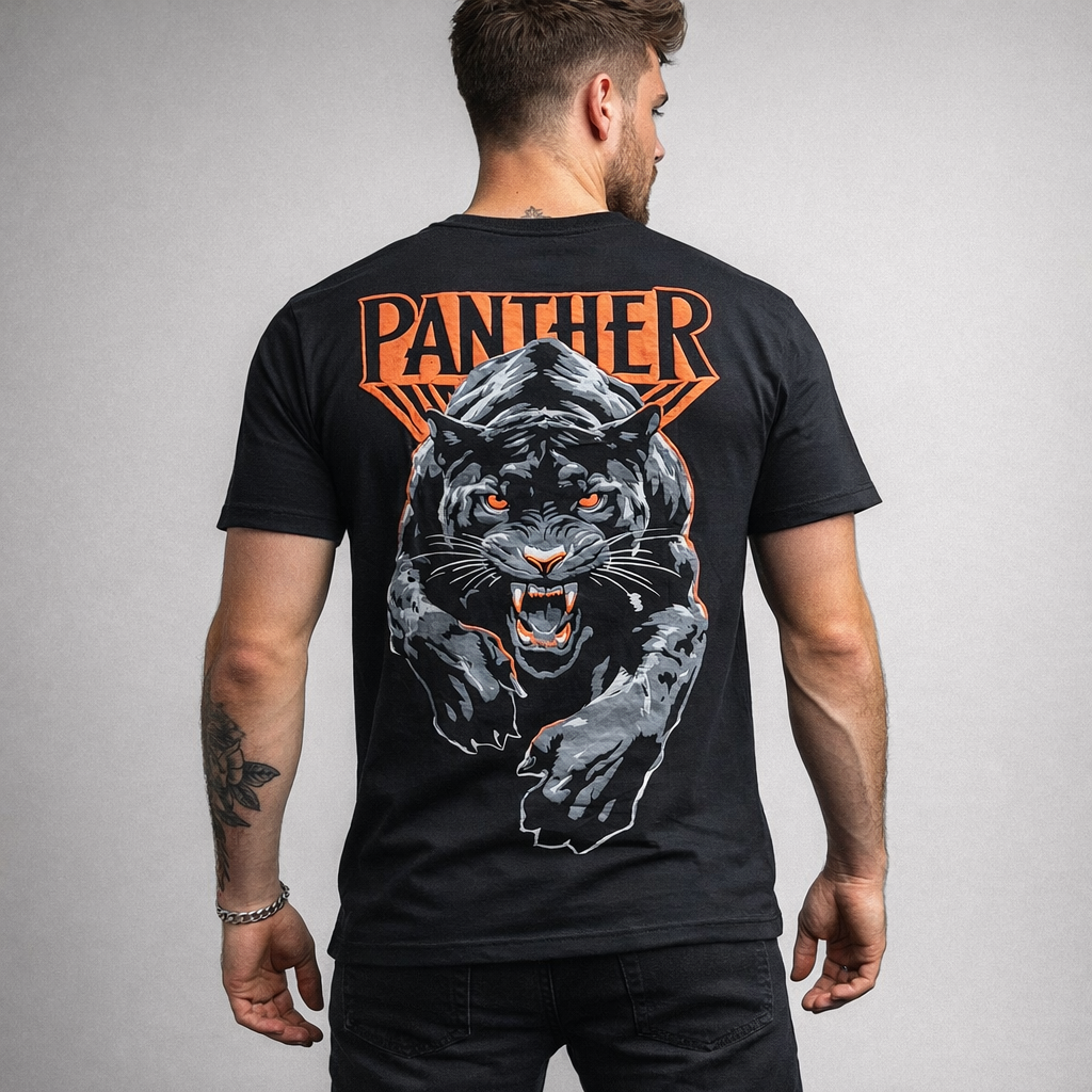 Back view of men’s black panther graphic t-shirt featuring fierce panther illustration on black shirt