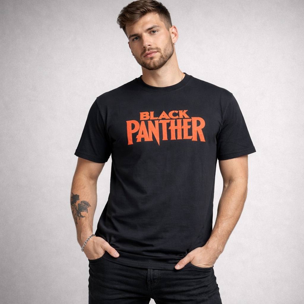 Black Panther graphic t-shirt for men with bold orange text 