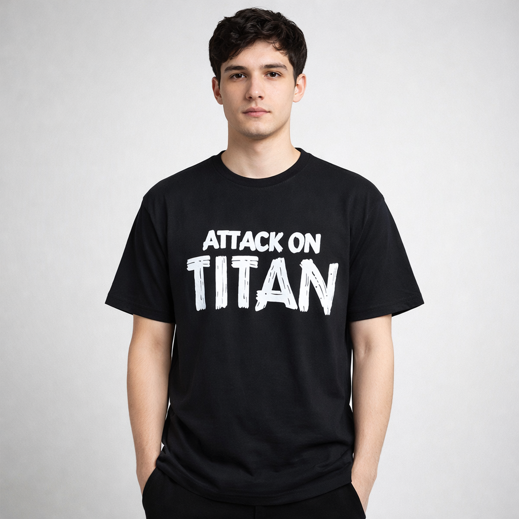 Man wearing black Attack on Titan graphic t-shirt, anime fan apparel