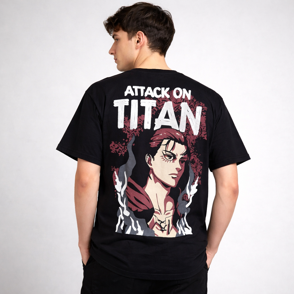 Man wearing black Attack on Titan anime graphic t-shirt with character illustration on back