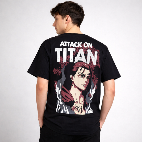 Man wearing black Attack on Titan anime graphic t-shirt with character illustration on back