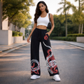 Black Wide Leg Track Pants with Red Graphic Print | Unisex Streetwear Joggers UK