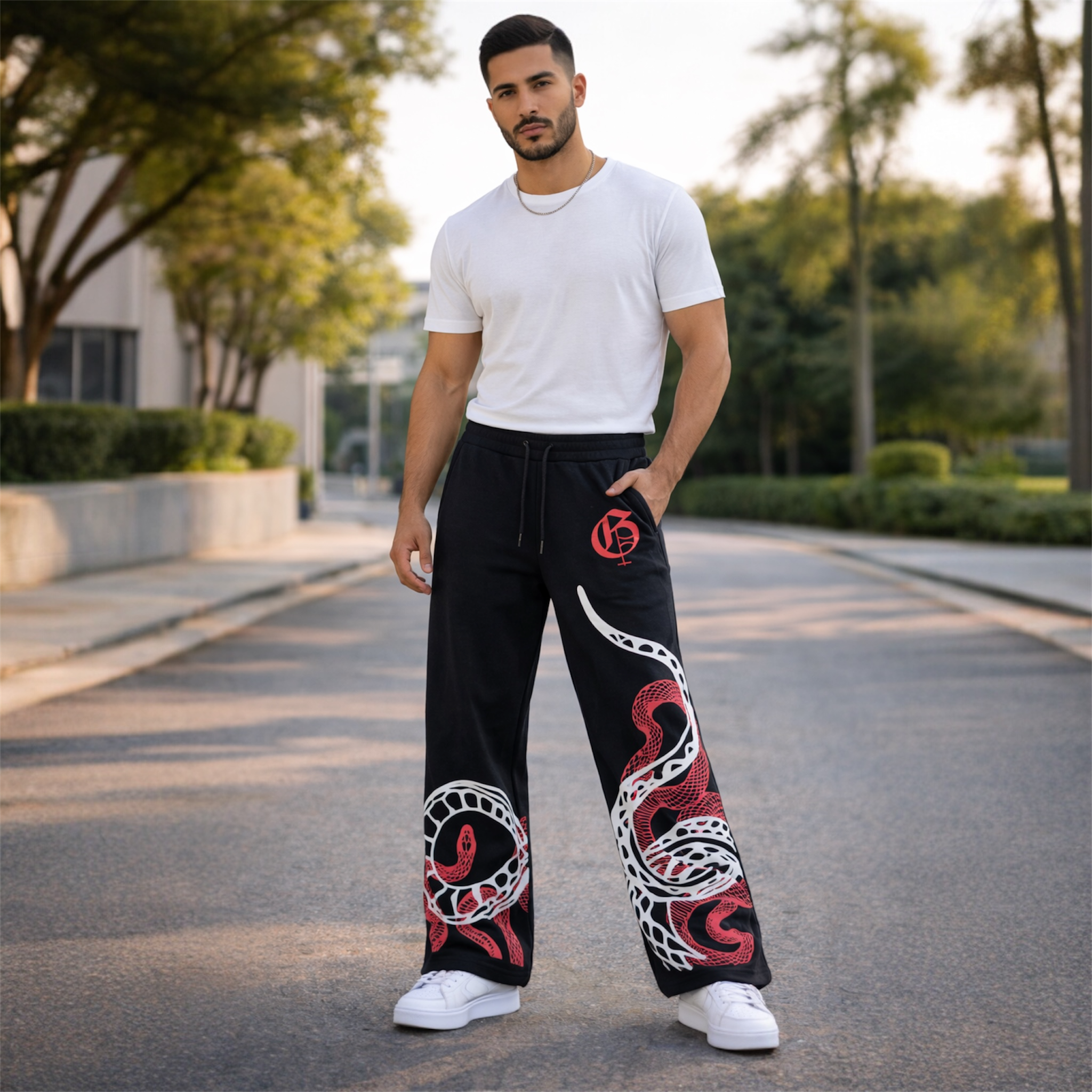 Black Wide Leg Track Pants with Red Graphic Print | Unisex Streetwear Joggers UK