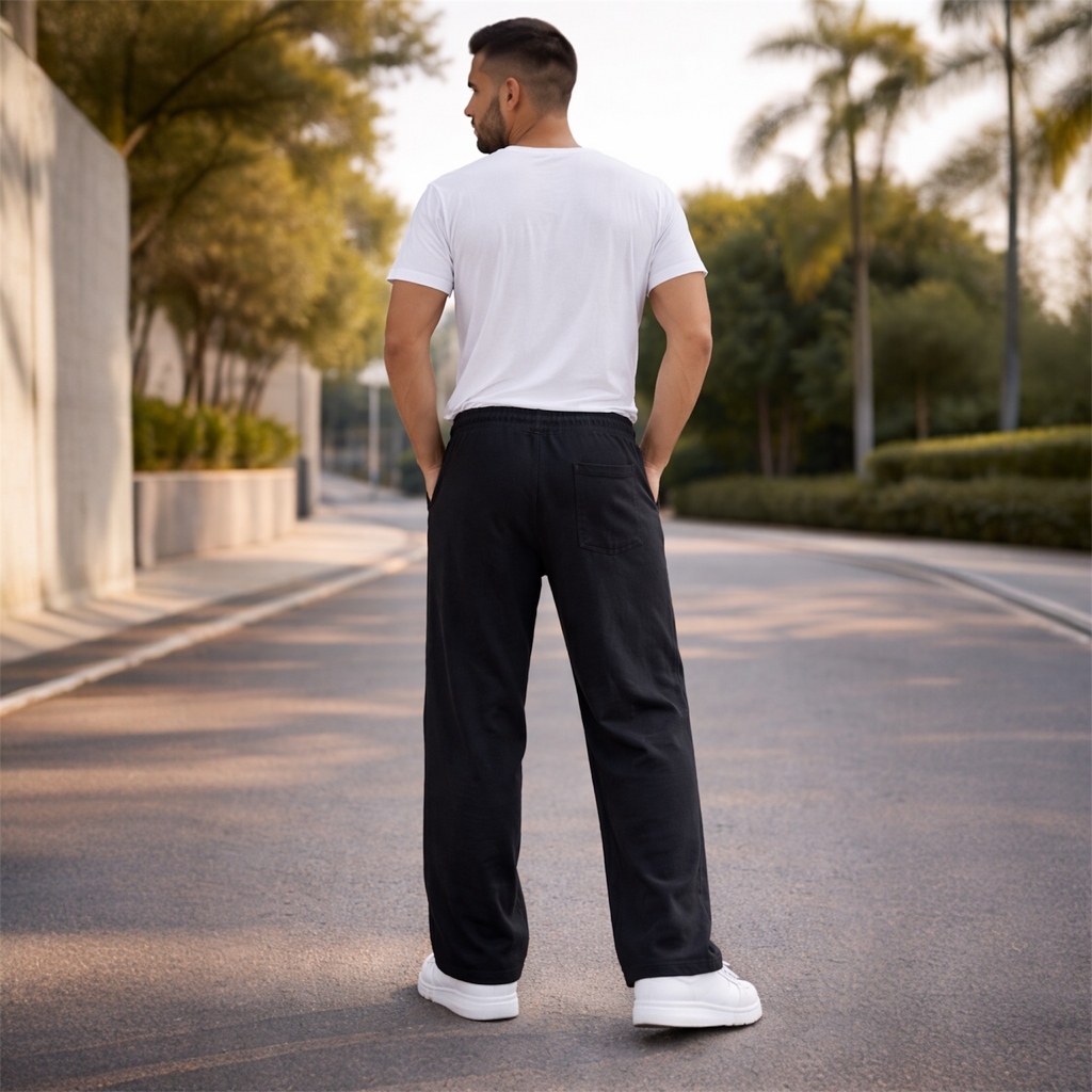 Black Wide Leg Track Pants with Red Graphic Print | Unisex Streetwear Joggers UK