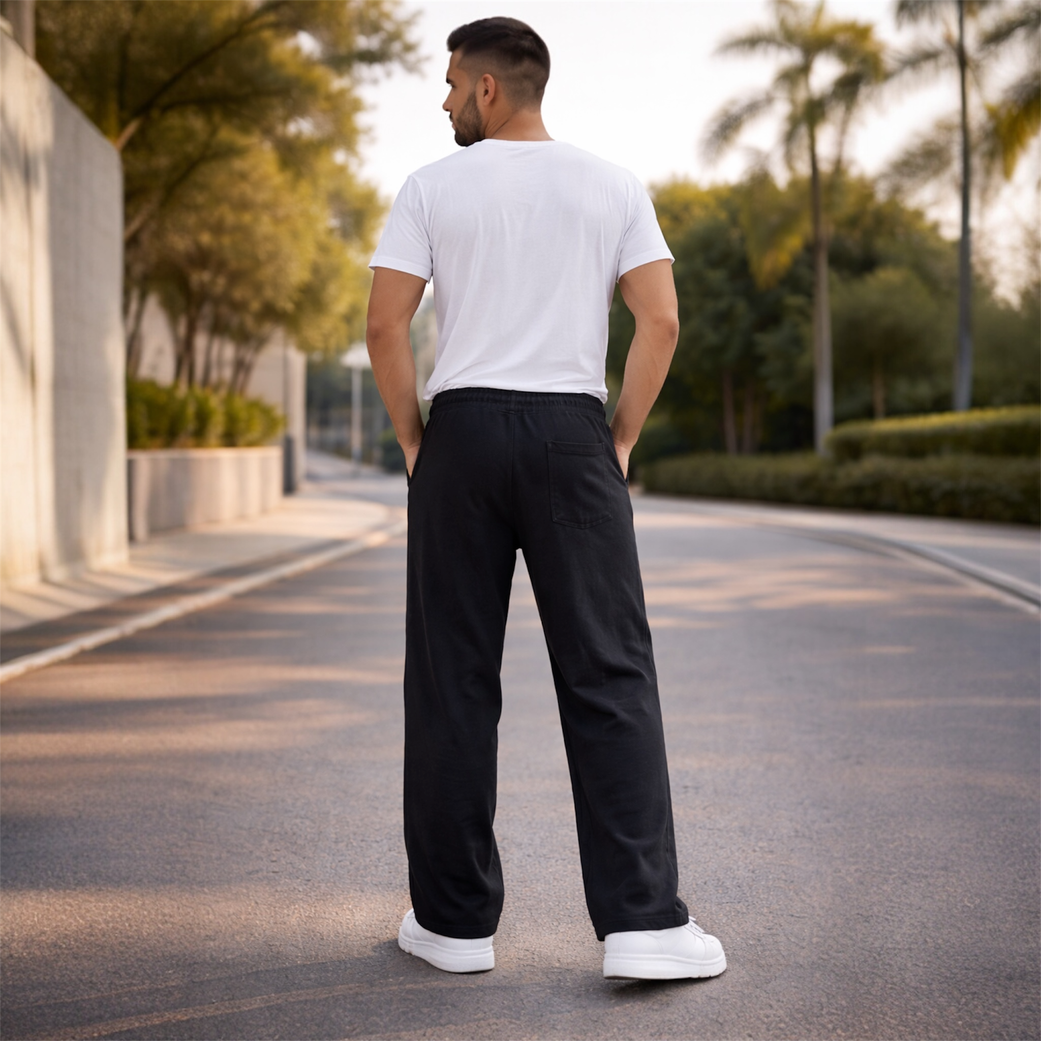 Black Wide Leg Track Pants with Red Graphic Print | Unisex Streetwear Joggers UK