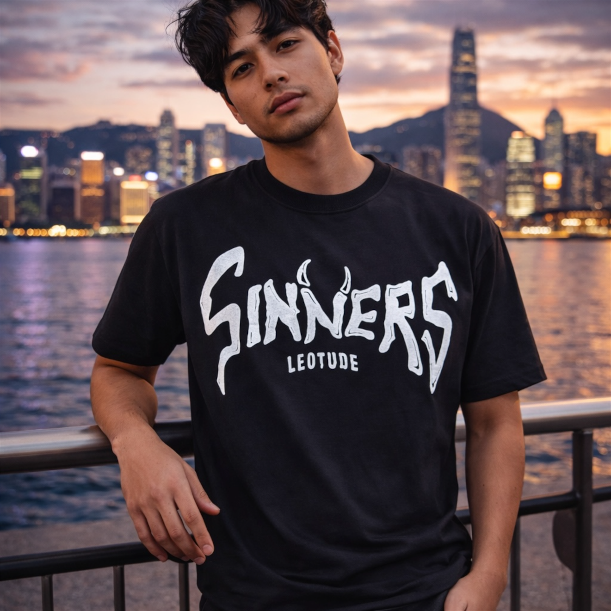 Man wearing black graphic Sinners Leotude t-shirt near waterfront city skyline at sunset