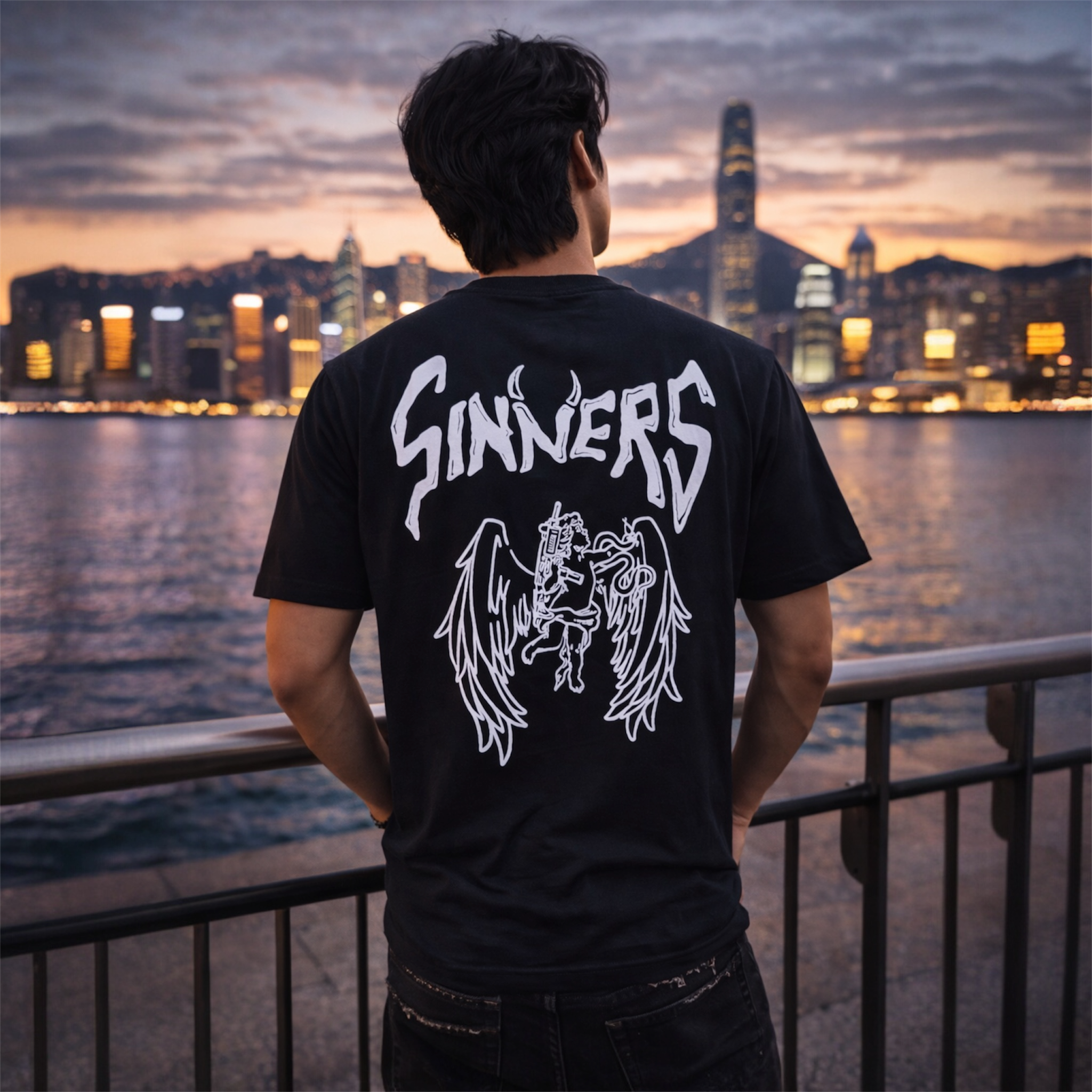 Man in black graphic SINNERS t-shirt with angel print, city skyline at sunset background