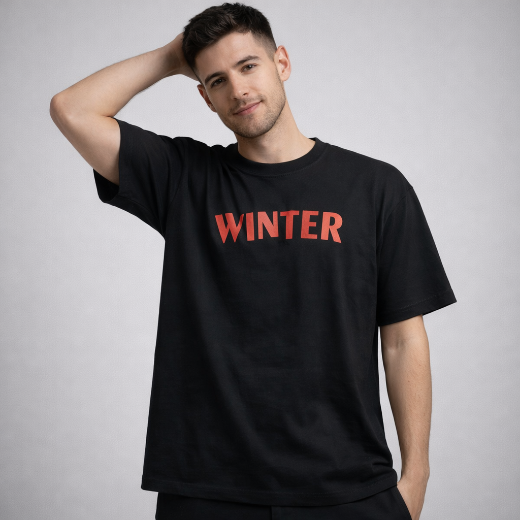 Black winter graphic t-shirt with red WINTER text front view worn by male model